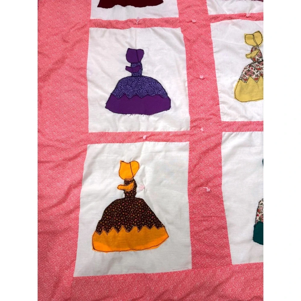 Handmade Sunbonnet Sue Quilt Womens 81x69 Pink Vintage Applique Patchwork Retro